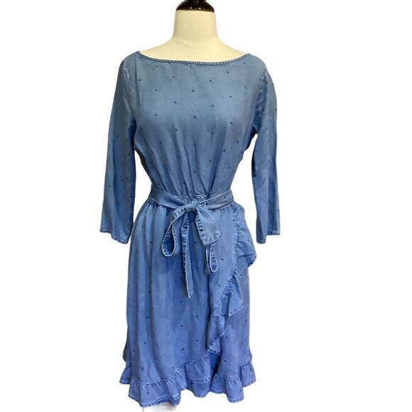 NWT GAP Chambray Polka Dot Ruffle Faux Wrap Dress S - Picture 1 of 14